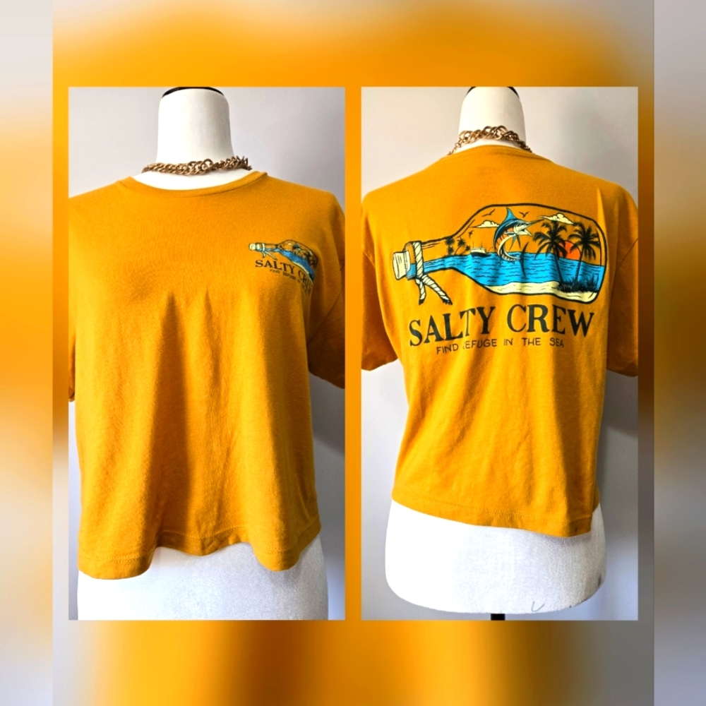 Salty Crew Mustard Ship In A Bottle Graphic Cropped Tee. Size Medium